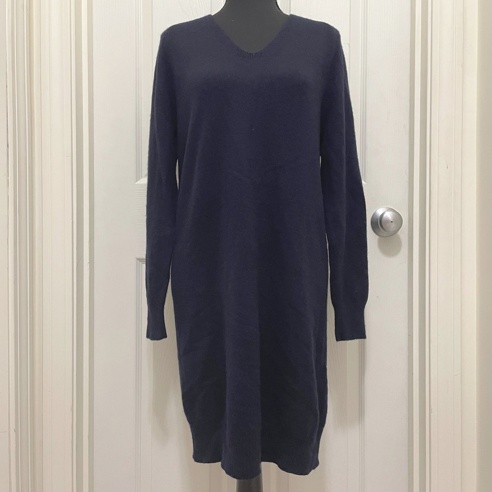 Vince Knit Sweater Dress Wool Cashmere Blend V-Neck Midnight Blue‎ Black Small